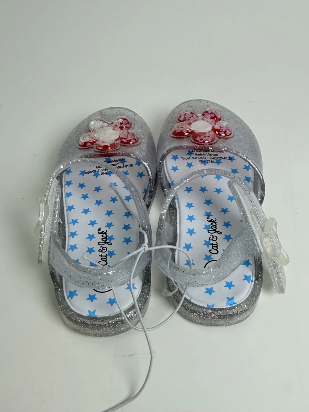 Cat & Jack Clear Silver Glitter Jelly Sandals with Red Flower Accent